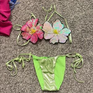 Fashion Nova Sequin Floral Bikini - Pink and Green